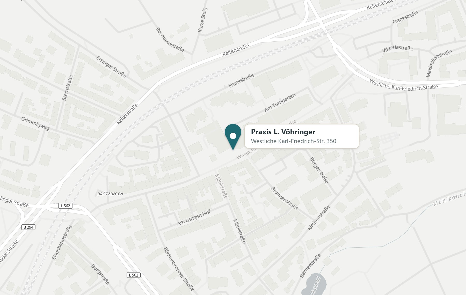 Karte: Die Praxis liegt an der Westlichen Karl-Friedrich-Straße 350 in Pforzheim-Brötzingen, nahe Marktplatz Brötzingen